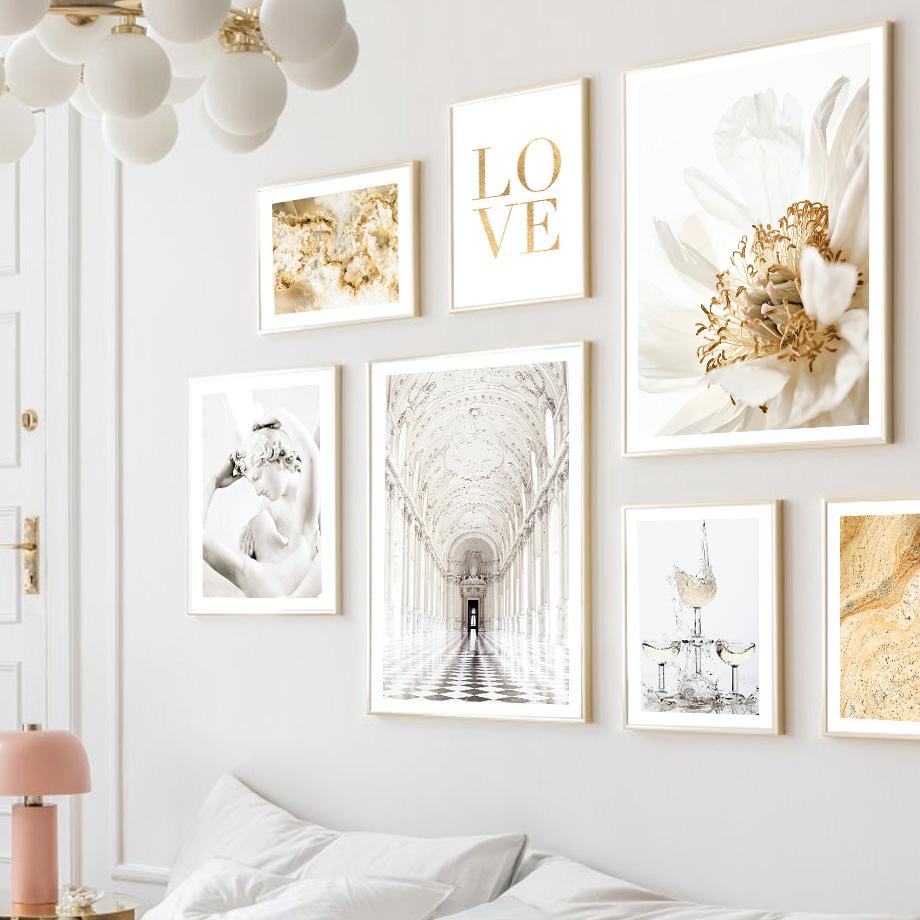 

Золотой водоворот цветок дворец прихожая плакат на скандинавскую тему поцелуй Купидона статуя настенная живопись печать на холсте Декор фотографии гостиная