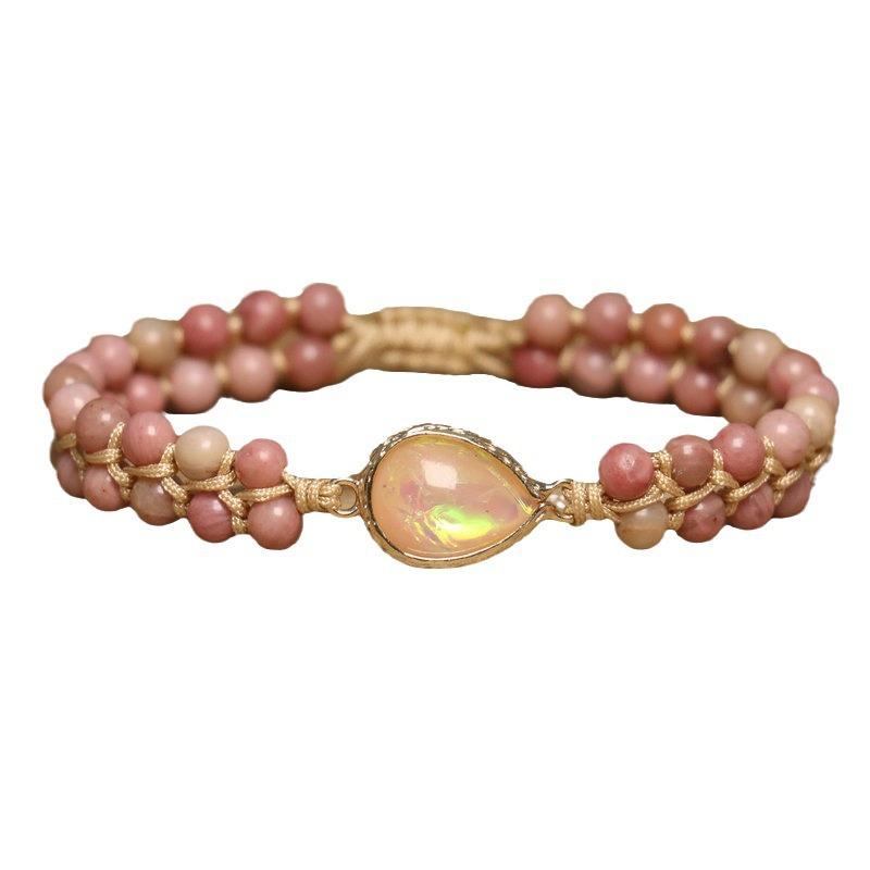 Pink Rhodochrosite Teardrop Opal Bracelet – Gold Accent Boho Healing Jewelry, Adjustable Love Gift for Women