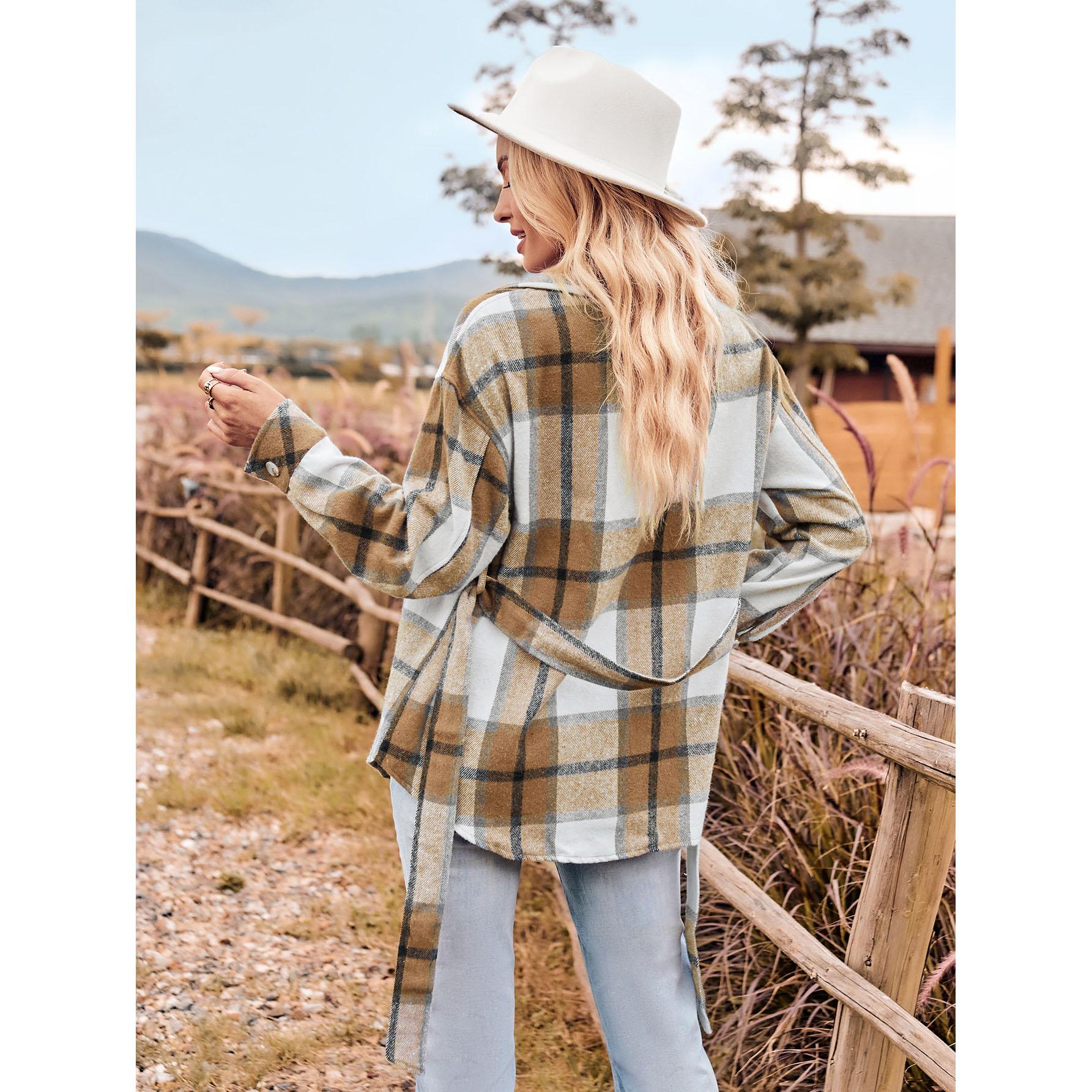 Женская рубашка-рубашка с длинными рукавами и воротником в клетку с завязкой на талии — фото 6