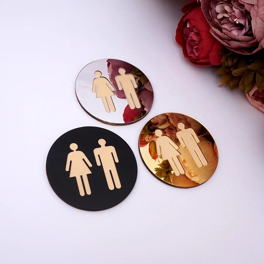 5mm 3D Acrylic Mirror Round Toilet Door Sign Men Women Bathroom WC Black Gold Silver Modern Wood Base Wall Sticker Home Decor