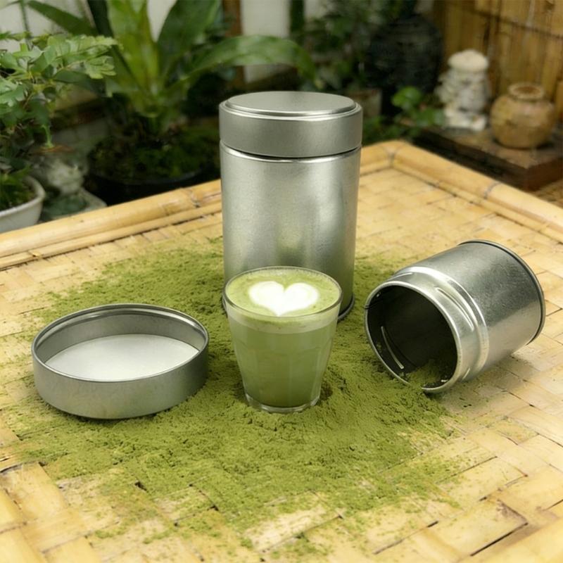 Fitted-Lid Tea Powder Storage Tin, Cylindrical Tinplate Canister for Organizing Tea Leaves, Spices, and Sugar Packets