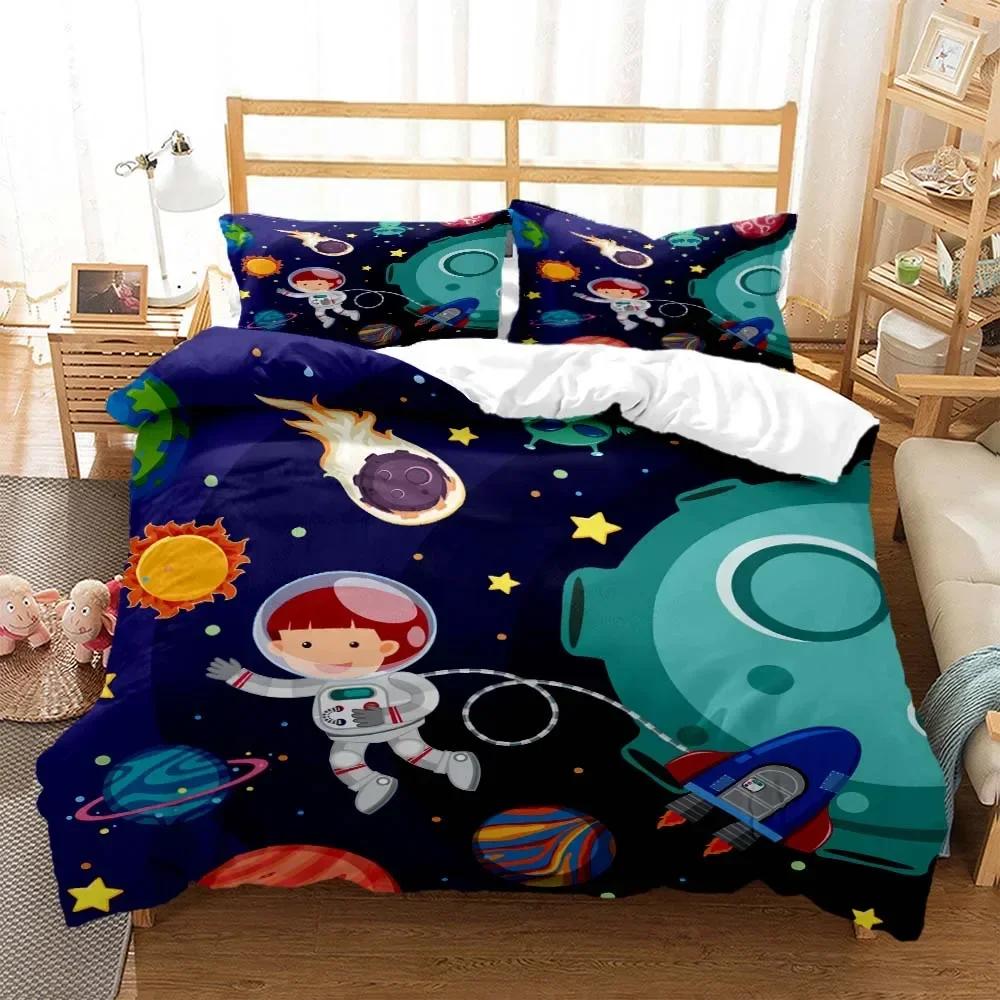 Cartoon Astronaut Digital Print Comfortable Duvet Quilt Cover Pillowcase Bedding Set Children Bedroom Decoration Home Textile