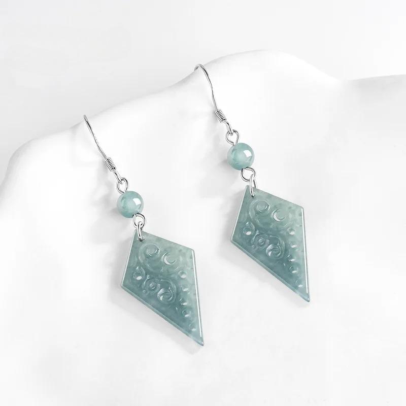 Natural A-goods Jadeite Blue Water Hollow Antique Pattern Earrings S925 Silver Inlaid with Ice Jade Charm Women s Jewellery Gift 1