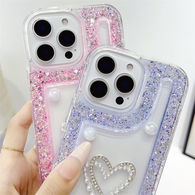 Heart-Shaped Glitter Rhinestone Transparent iPhone 16 Case, Compatible with Models 11-15