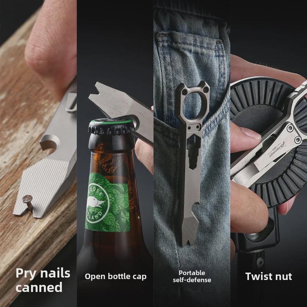 Titanium Alloy Multifunctional Outdoor Crowbar and Bottle Opener with Wrench for Self-Defense and EDC.