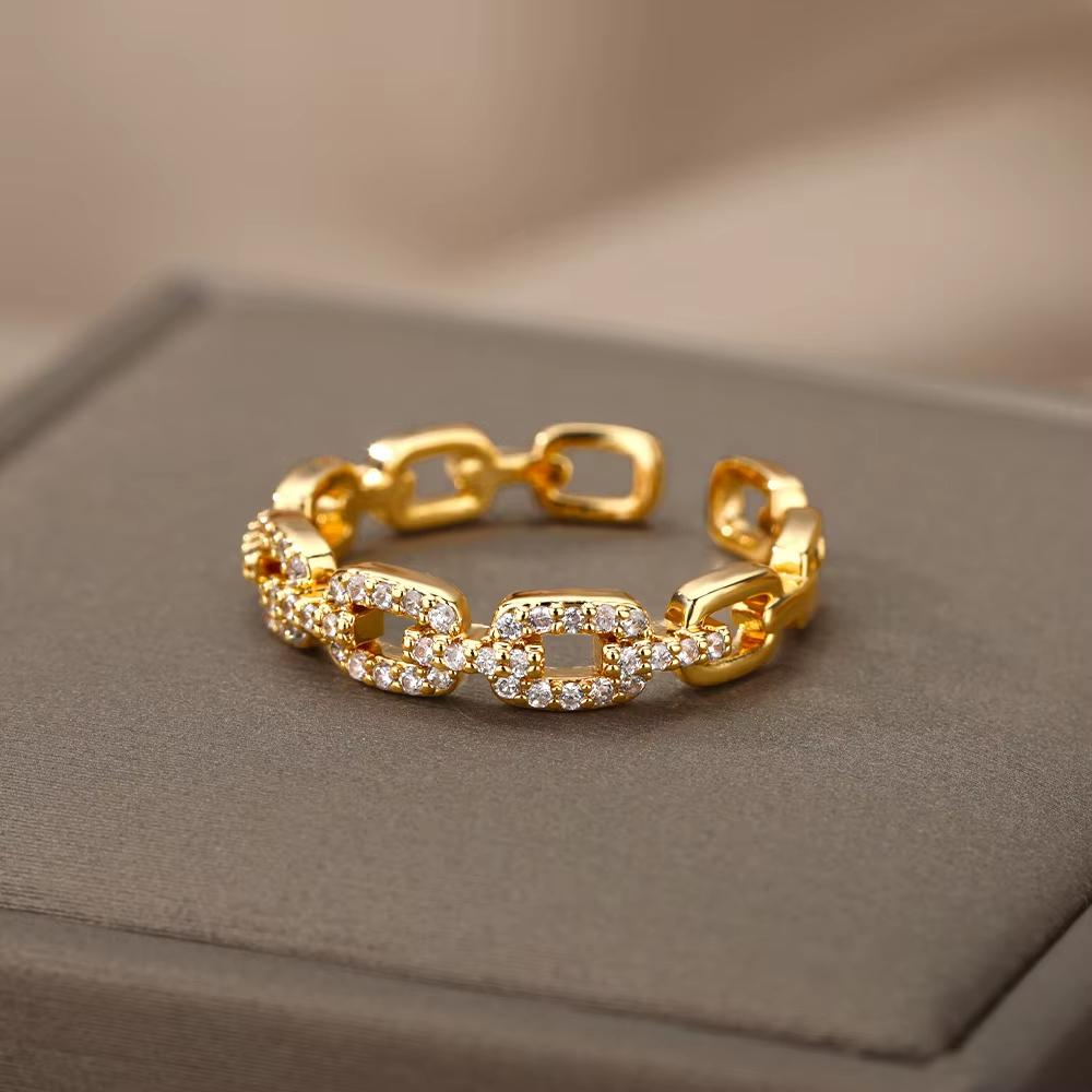 Luxury Zircon Twist Chain Open Rings For Women Stainless Steel Gold Color Geometric Ring Vintage Aesthetic Jewelry Gift femme