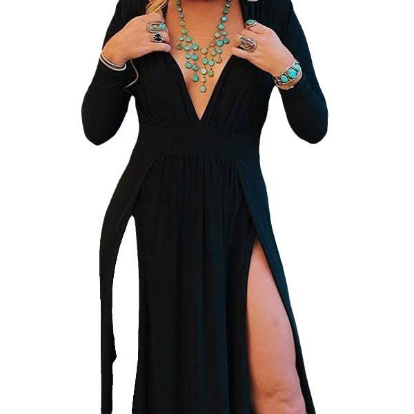 Damska Sukienka z Długim Rękawem i Dekoltem V, Jednokolorowa, z Wycięciami, Długa Sukienka