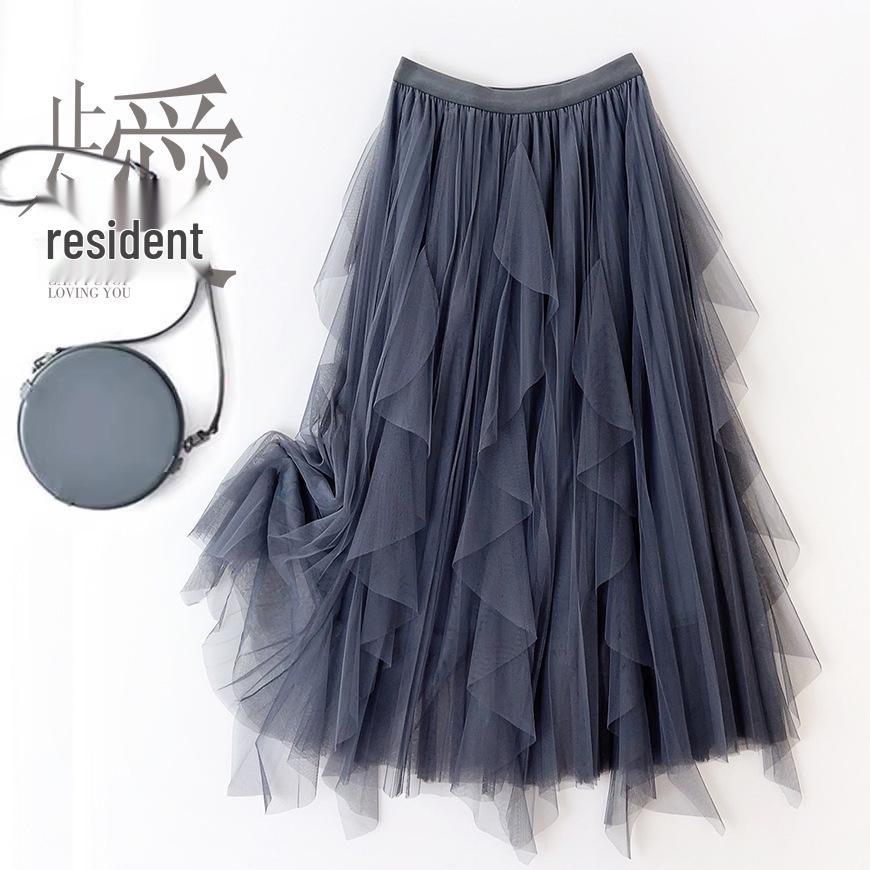 2023 Women's Irregular A-Line Pleated Gauze Skirt with Tassels