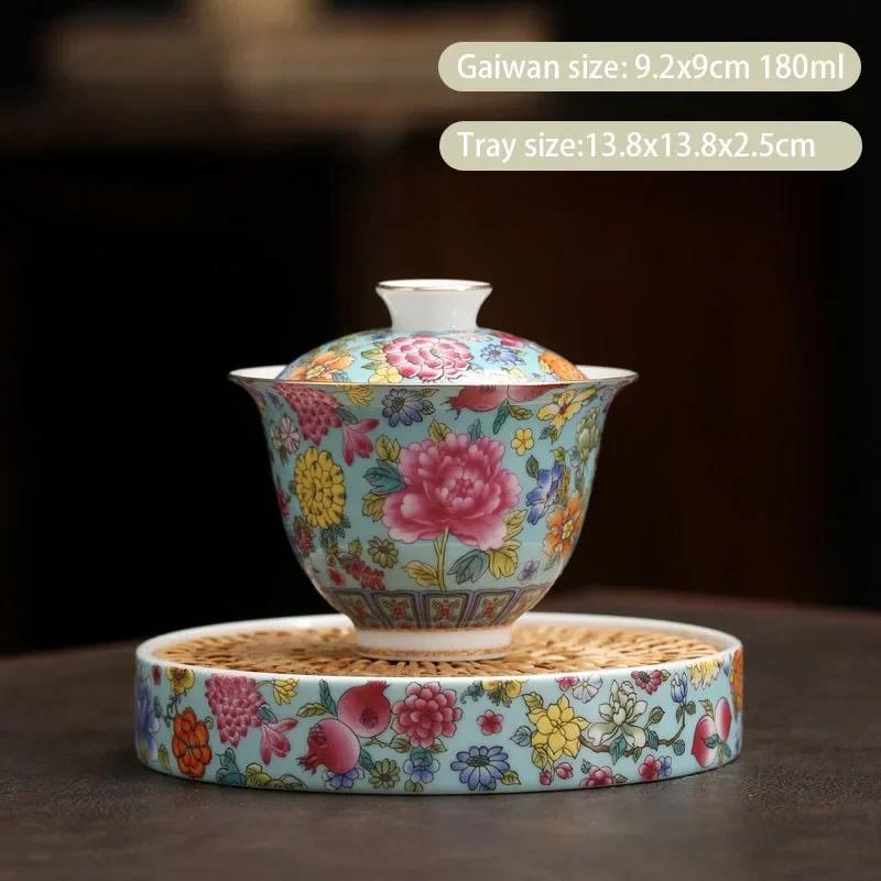 Chinese Enamel Color Ceramic Gaiwan Pot Bearing Handmade Flowers Porcelain Tea Bowl Teacup Household Tea Infuser Travel Teaware