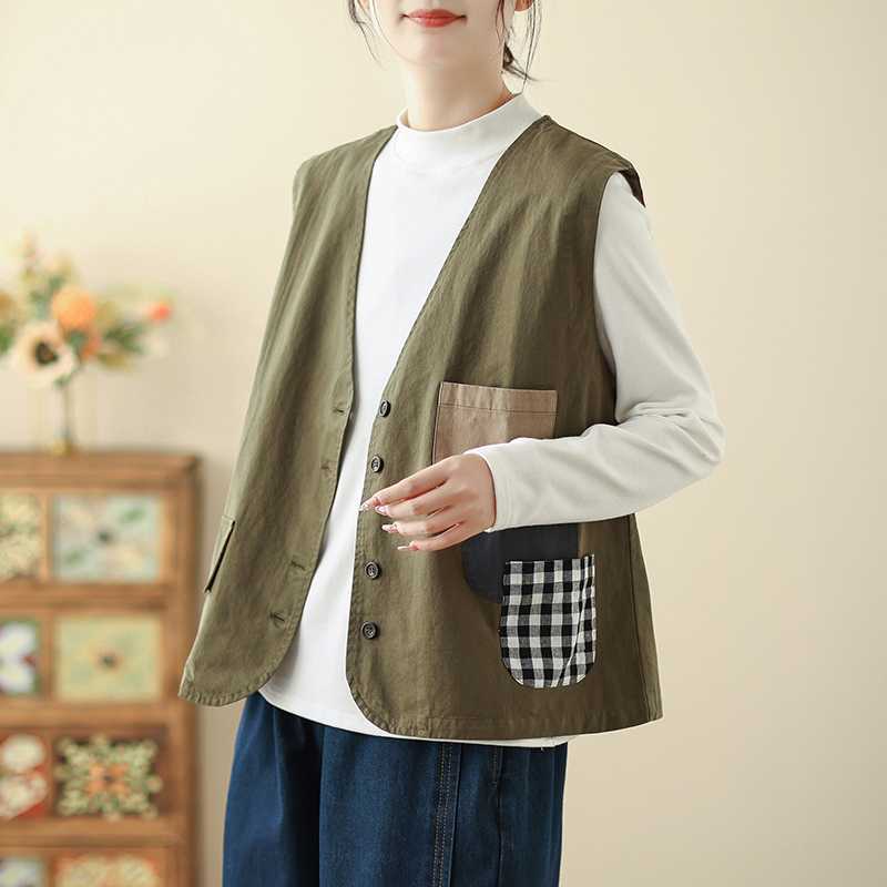 Women Cotton V Neck Vest Sleeveless Patch Pocket Button Down Vintage Casual Loose Waistcoat Gilet