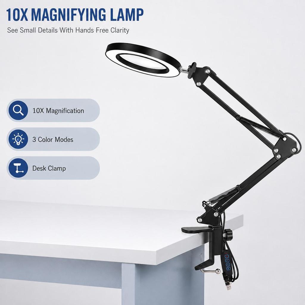 10X Magnifying Desk Lamp Metal USB Clamp Light for Crafts