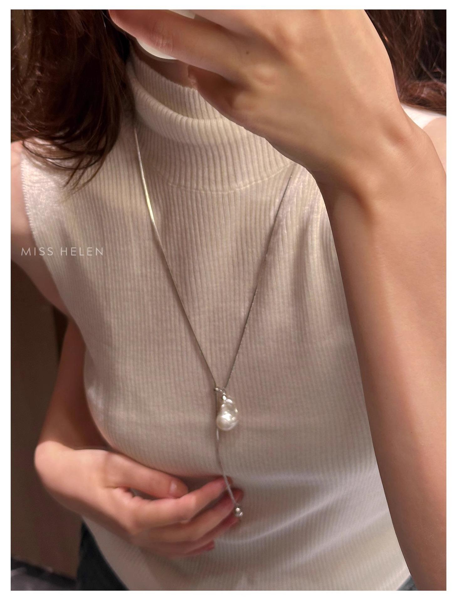 

Simple Temperament Baroque Pearls Pendant Pull Adjustable Necklace for Women Stainless Steel Collar Jewelry Gifts Does Not Fade