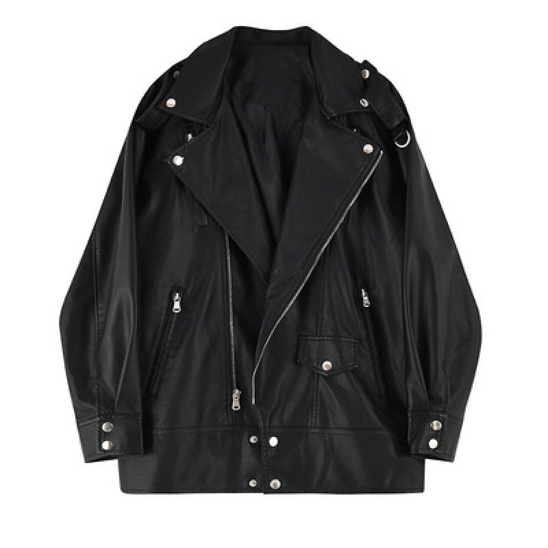 Womens Mid-Length PU Leather Jacket Oversize Biker Style Casual Fall Winter Outerwear