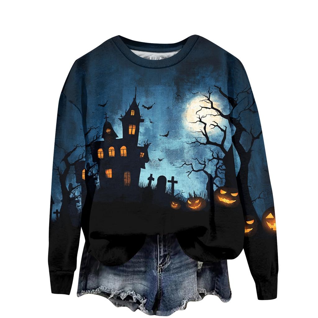 Women's Long Sleeve Halloween Print Neck Sweatshirt, Casual Relaxed Fit Pullover Top