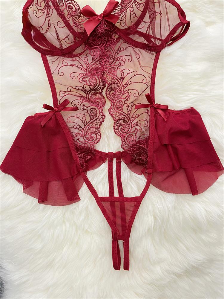 2024 Sheer Bow Lace Sexy Jumpsuits Women Hollow Out Porno Lingerie Romper Female Open Crotch Fashion Strap Transparent Playsuits