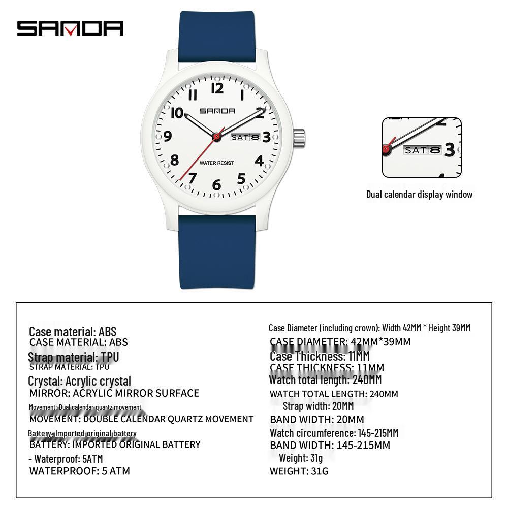Sanda Men's & Women's Student Waterproof Silent Dual Calendar Quartz Watch