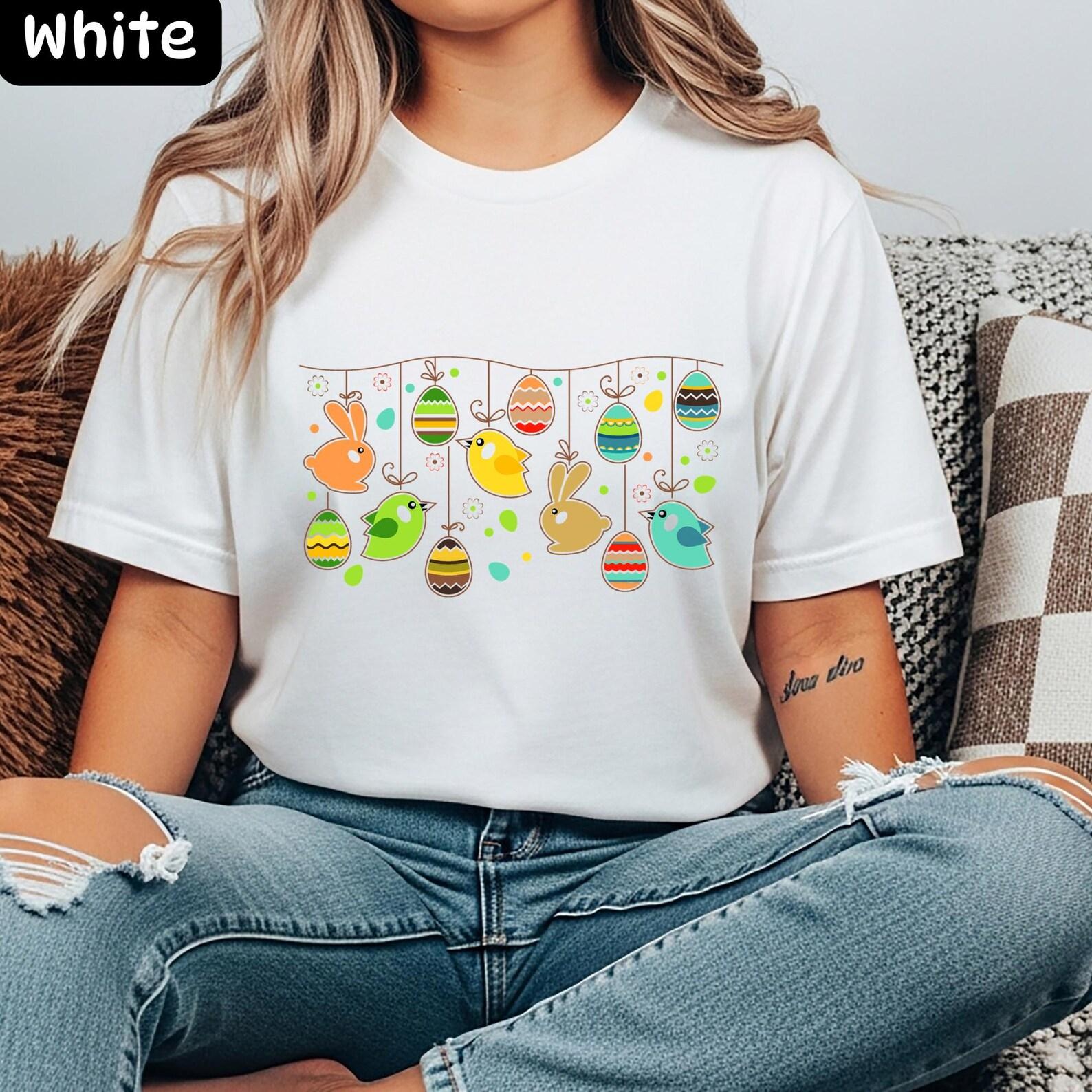Easter Eggs and Bunny Tee | Pastel Egg Pattern Shirt, Cute Bunny Graphic Tee, Spring Holiday T-Shirt M