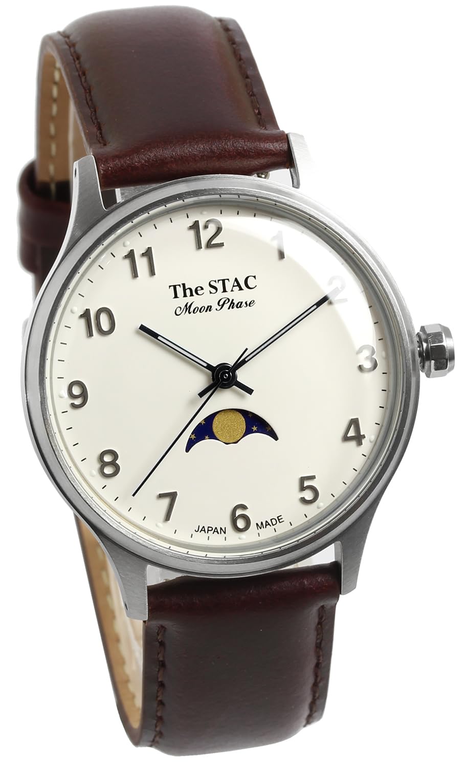 

The STAC Japanese Made Wristwatch 36mm Antique Retro Men s Women s Unisex Moon Phase Arabic x White Brown ST-MF001