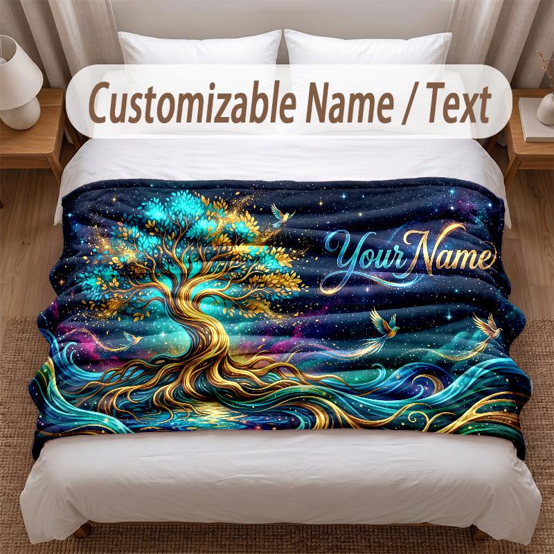 Tree of Life Theme Soft Blanket Personalized Custom Name Text Print Warm Blanket Home Sofa Bedroom Decor