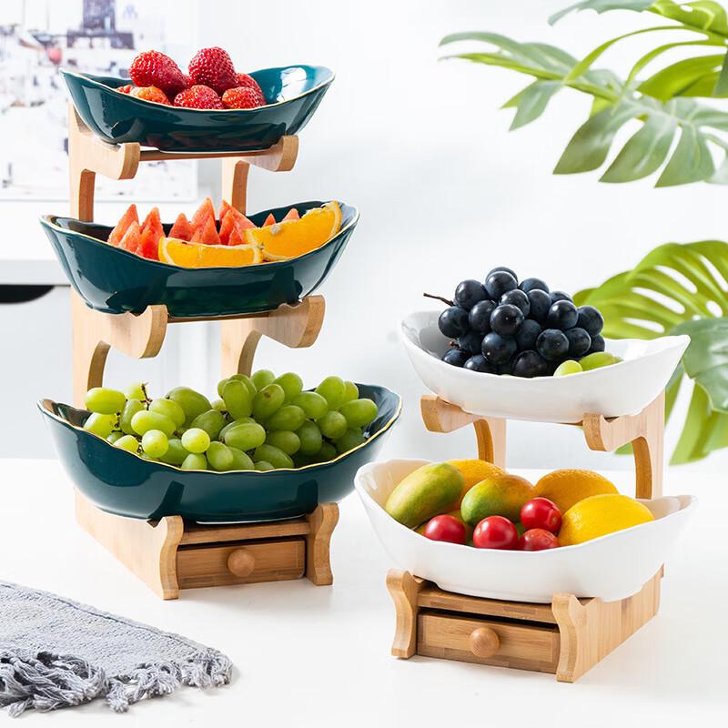 Nordic Ceramic 2-Tier Fruit & Snack Plate with Drawer 1 Piece