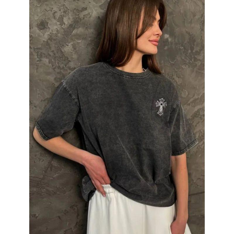 New Printed T-shirt Western Style New Distressed Washed Black Hot Drilling Loose Short Sleeve Cotton T-shirt Top