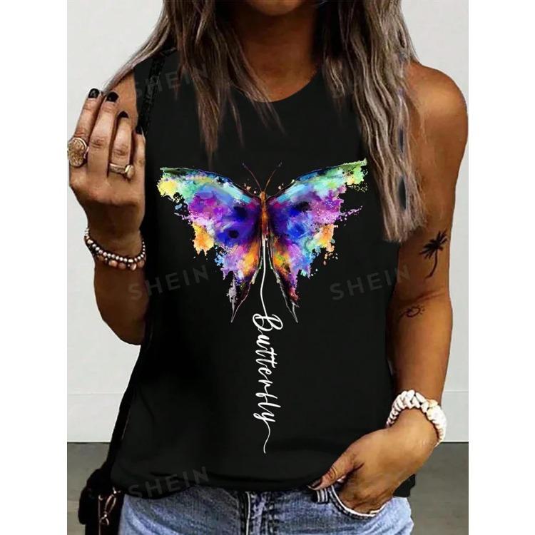 Butterfly Dragonfly Pattern 3D Print Women's Tank Tops Summer O-Neck Casual Vest Off Shoulder Sleeveless Top