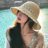 New Mint Mambo Flower Woven Bucket Hat Women's New Seaside Big Brim Straw Hat Sunscreen Hat