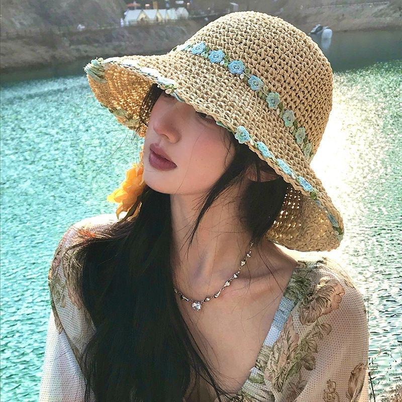New Mint Mambo Flower Woven Bucket Hat Women's New Seaside Big Brim Straw Hat Sunscreen Hat