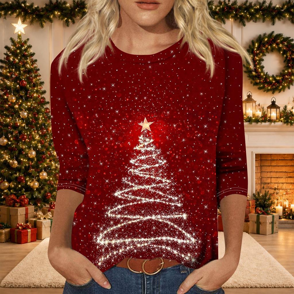 Women's Casual Christmas Print Three-Quarter Sleeve Neck Blouse
