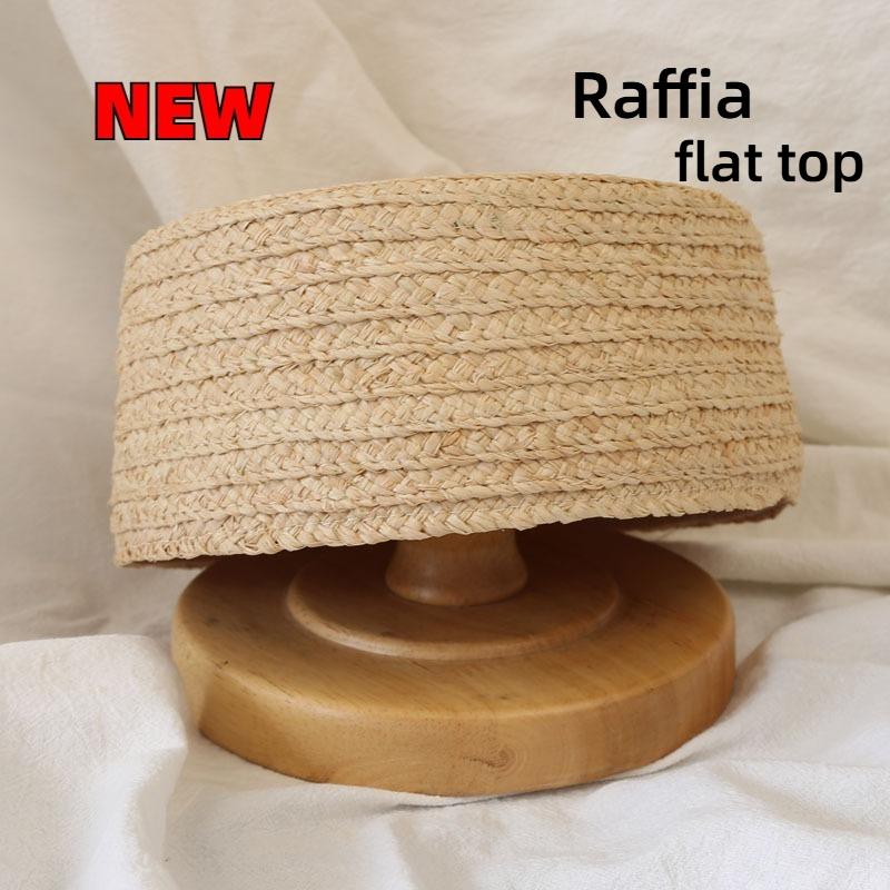 Ins Luxury 100% Natural Straw Berets Women French Hand Woven Sun Hat Concave Shape Flat Top Beach Caps Church Derby Pillbox Hat