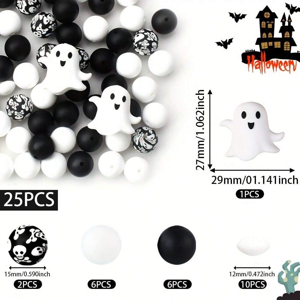 25PCS Multi-Size Halloween-Themed Silicone Beads Set, Perfect for DIY Craft Projects Like Keychains, Necklaces, Bracelets & More