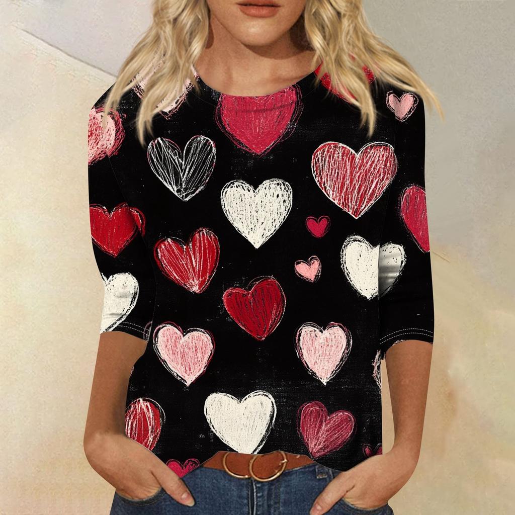 Top cu mâneci 3/4 Tricou de damă Casual Imprimat de Ziua Îndrăgostiților Tricou cu gât rotund Jumper