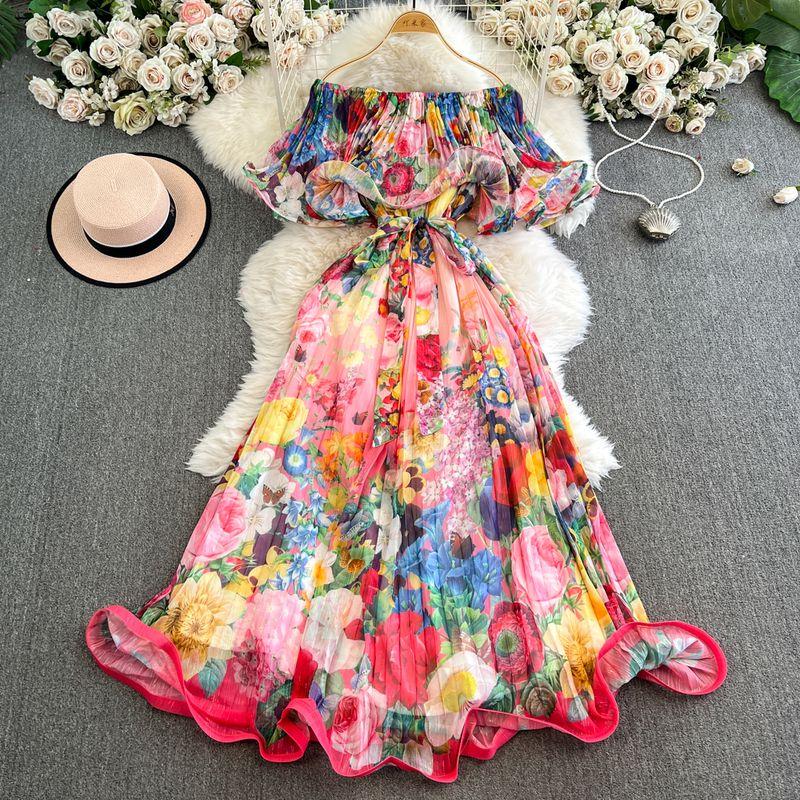 

Vacation Style Print Ruffles Dress Women s Early Spring Fashion Elegant Lady of Note Waist-Tight Chiffon off-Shoulder Dress Foundation Print M