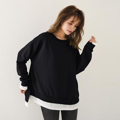 Women Sweatshirt Round Neck Long Sleeve Solid Color Loose Fit Pullover Tops Fake Two Pieces Side Slit Design Casual Sport Tops