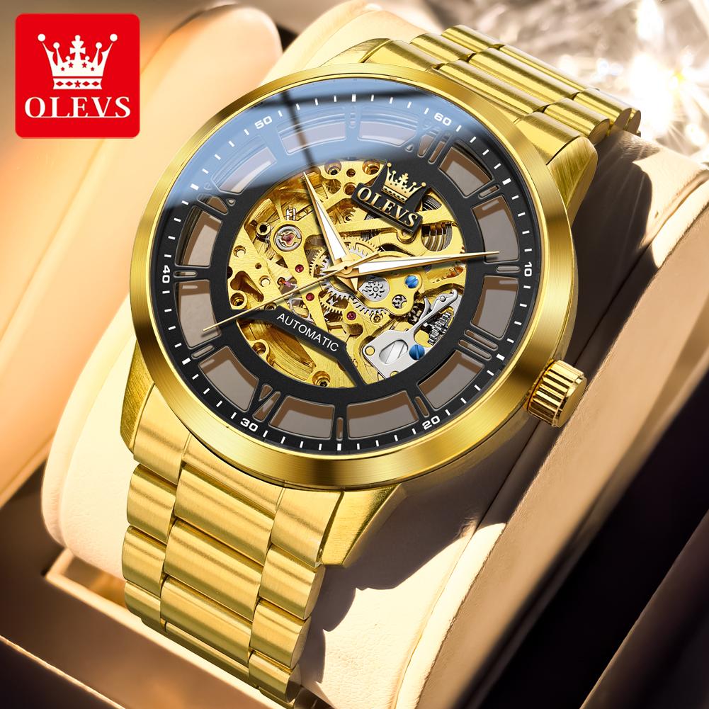 OLEVS 6728 Skeleton Mechanical Wristwatches For Men Original Stainless Steel Luminous Automatic Men's Watch