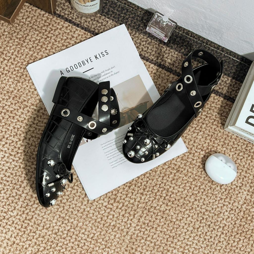 Grape Mother Summer New Ballet Style Flat Shoes Women's High Sense Cross Strap Fashion Rivet Casual Shoes Soft Sole