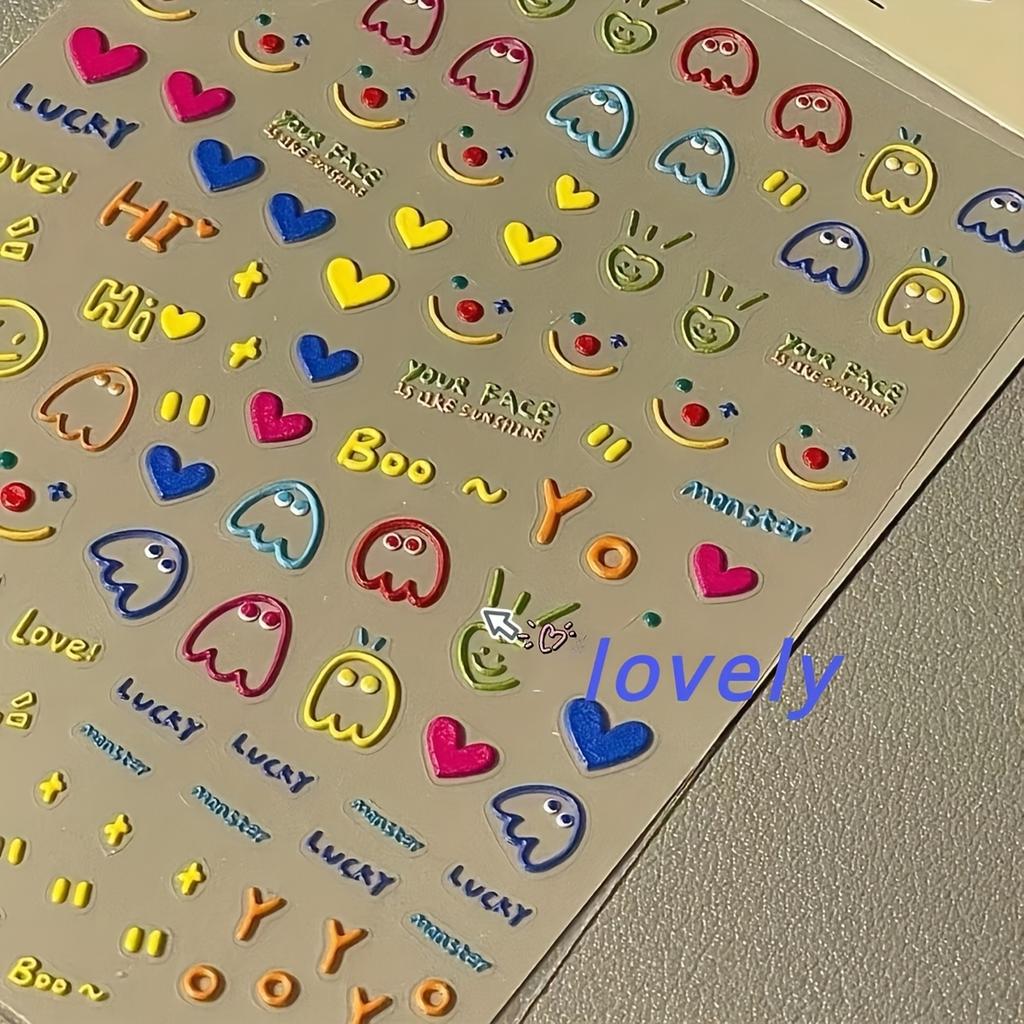 Charming Cartoon Face Stickers - Self-Adhesive, Colorful Nail Art Designs with Hearts & Smiles, Perfect for DIY & Salon Use, Nail Art Stickers