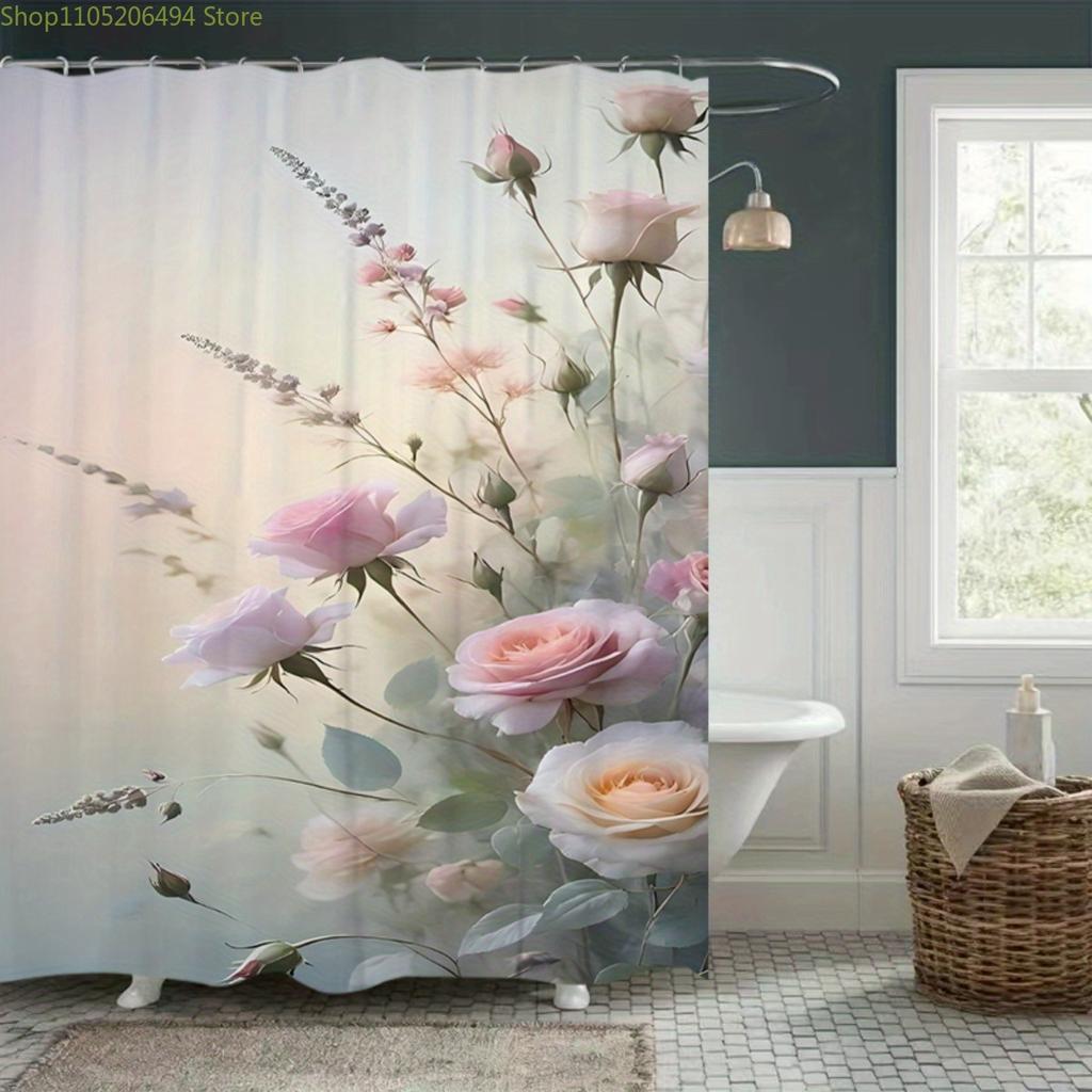 1 Stück Weiche Pastellrosa Florale Polyester Duschvorhang - Waschbar, Aufhängen ohne Bohren, Maschinenwaschbare Badezimmerdeko mit Lebhaftem Pi
