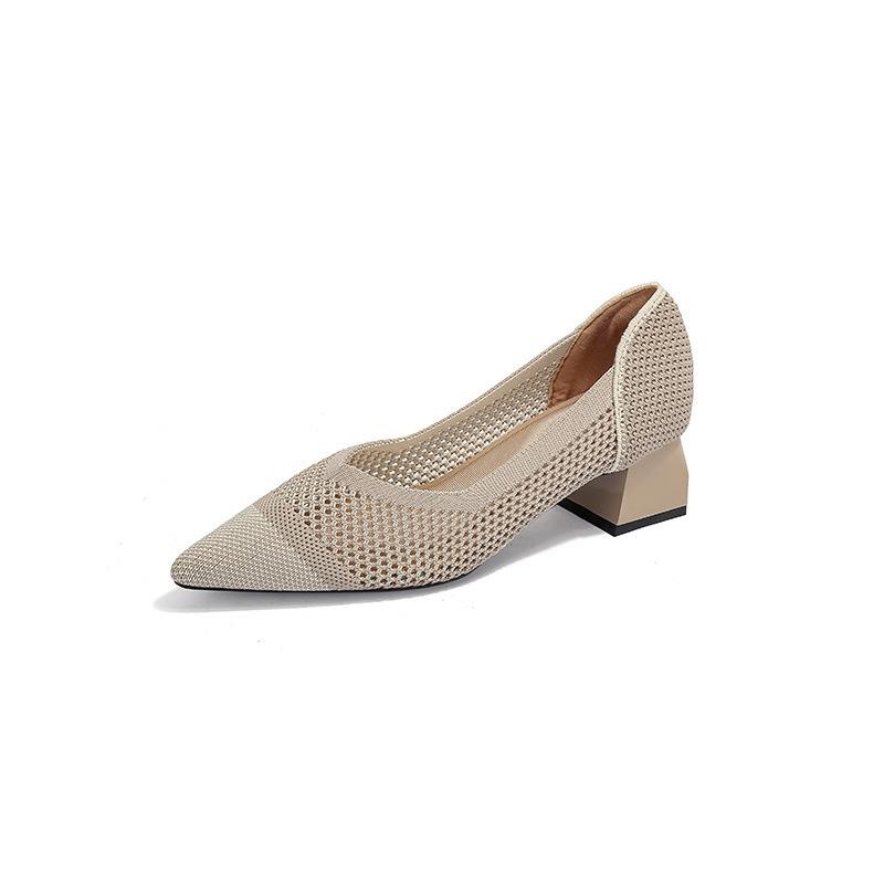 Spring and summer hollow flying knitting breathable knitting women's shoes pointed thick heel medium heel single shoes
