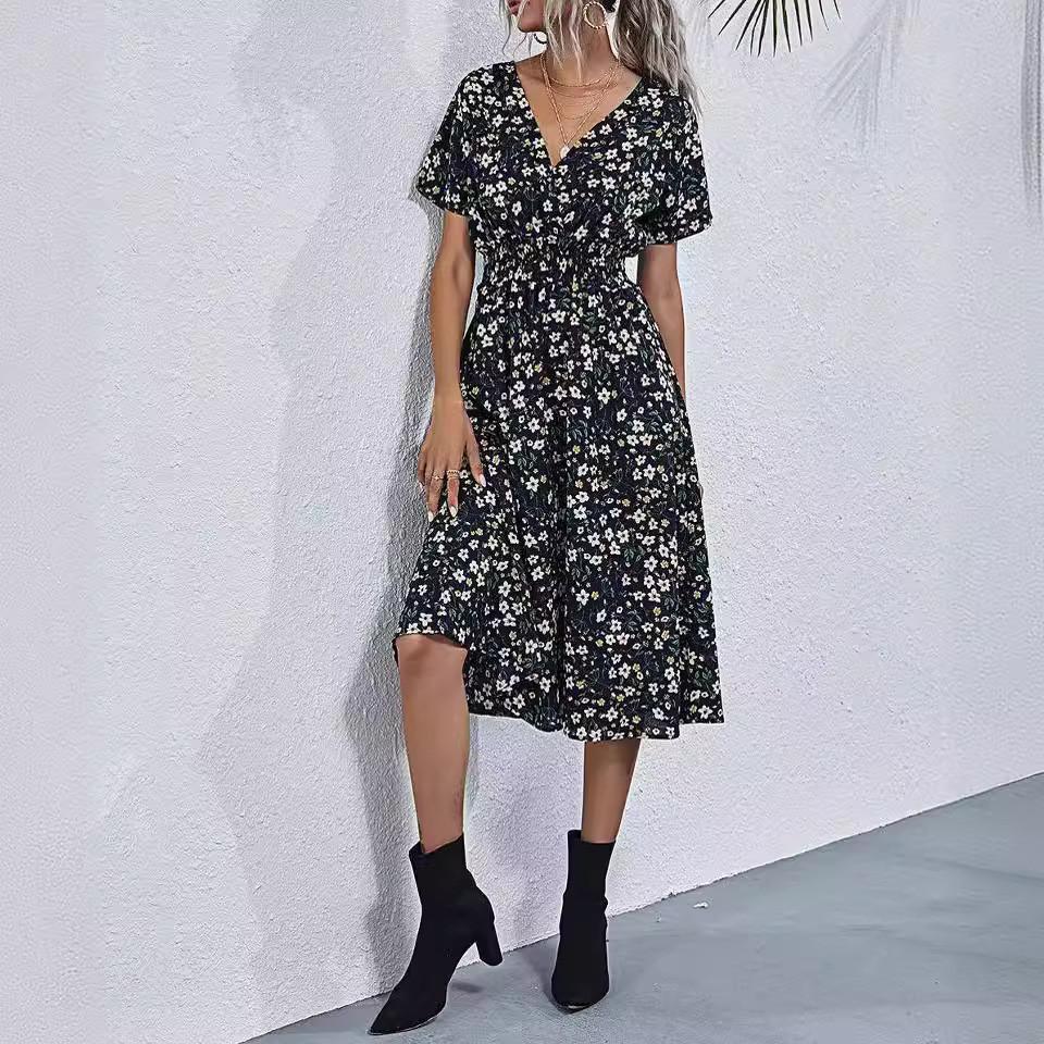 Polyester Floral Print A Line Dress With V Neck For Summer Casual Women