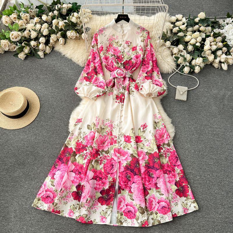 Flowers Spring Clothing Silm Long Puff Sleeve Dress