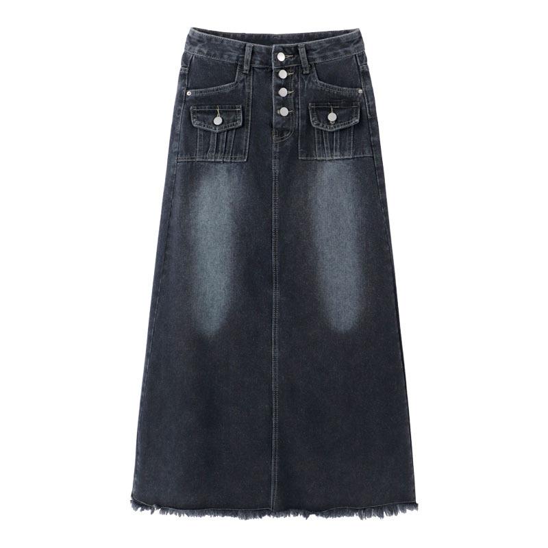 

Spring Summer and Autumn Design Sense Denim Skirt Skirt Women s Long Skirt A-line Skirt High Waist Retro Umbrella Skirt Mid-length Raw Edge Skirt XS