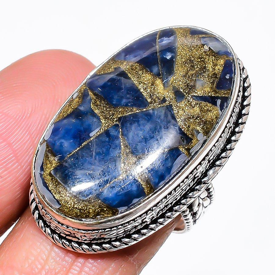 Натуральный медно-содалитовый драгоценный камень 925 пробы Серебряное ювелирное изделие Кольцо Размер 7.5 AR-16434