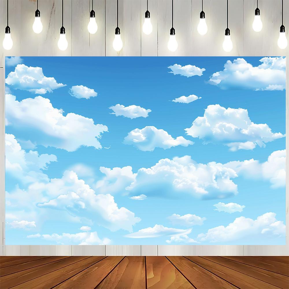 A blue polyester fabric background curtain in the sky with white clouds, and a multi-functional party decoration banner