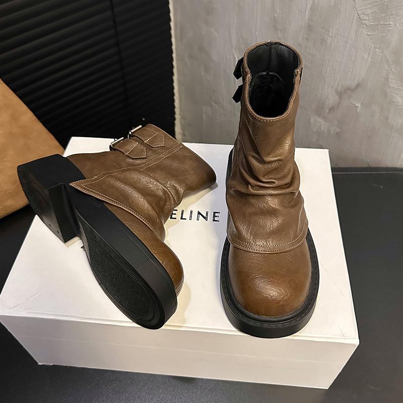 Fashion Autumn Women Boots 2025 Round Toe Chunky Platform Mid Calf Boots Fashion Retro British Style Wedges High Top Boots Botas Mujer