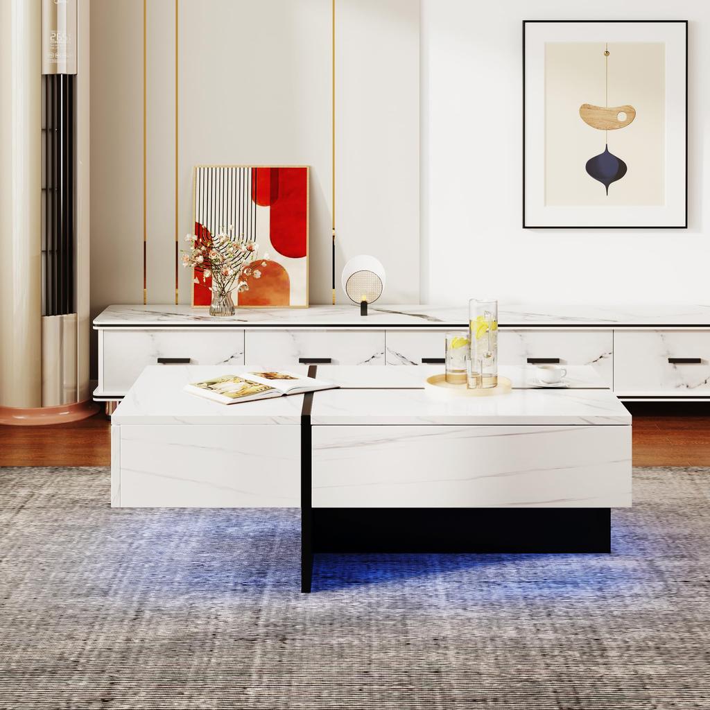 Living Room Table, LED Coffee Table with Storage, High-Gloss Coffee Table with Drawers, Modern Coffee Table