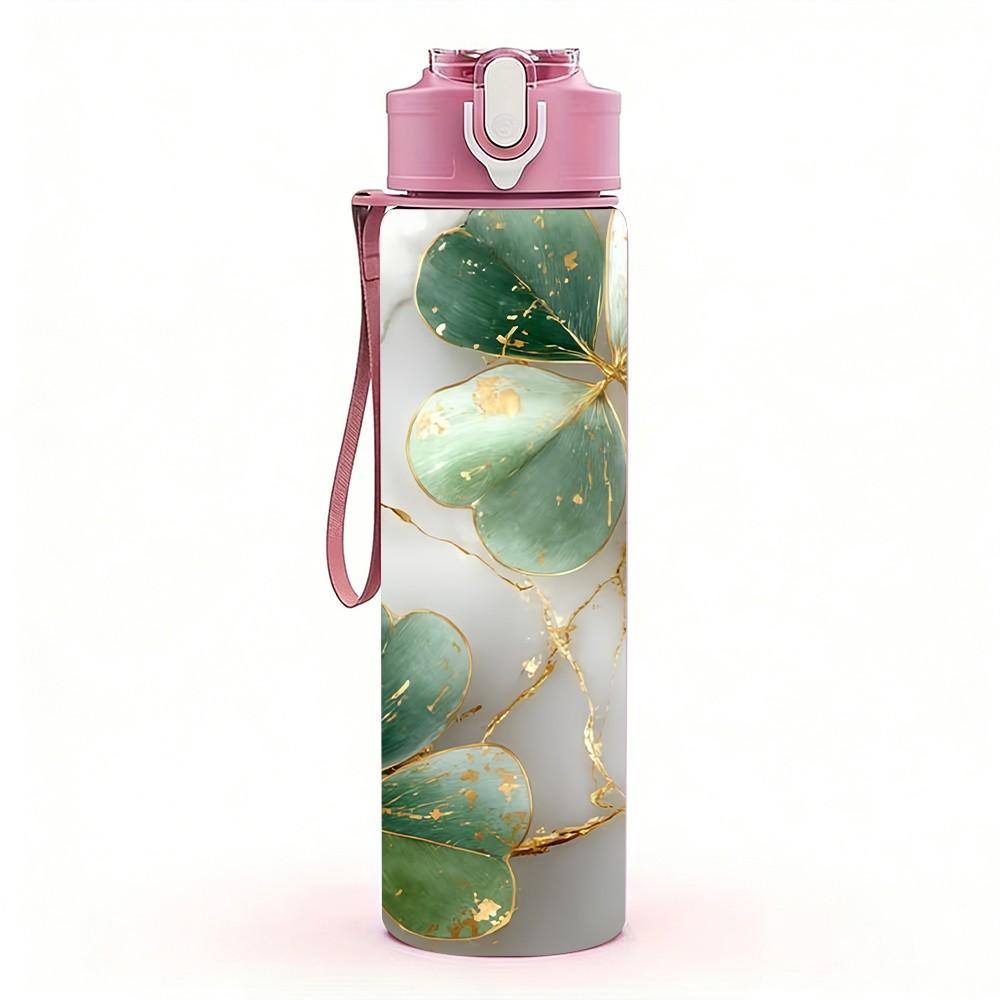 1PC Clover Leaf Gold Marble Pattern 750ml Color Plastic Sports Water Bottle Leakproof Flip Straw Lid Suitable for Sports Office Home Use