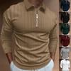 Men's Long Sleeve Zip Polo Shirt, Stand Collar Stretch Vertical Stripe Athletic Top for Autumn