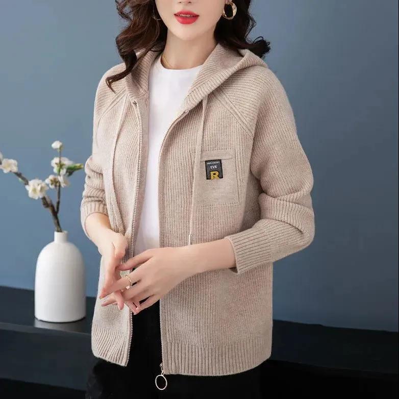 Women's Autumn Hooded Thickened Knit Cardigan - Loose-Fit Elegant Outerwear Sweater Jacket