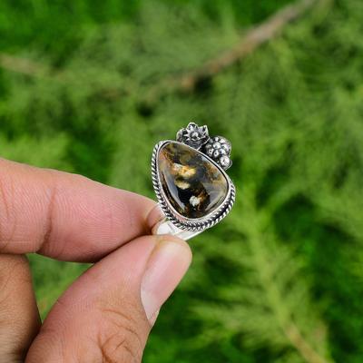 Pear Natural Golden Pietersite 925 Sterling Silver Flower Stackable Ring Jewelry